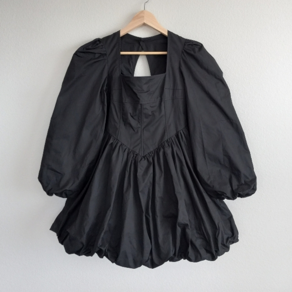 Pann Pann Corset Bubble Hem Long Sleeve Mini Dress Black Poplin L